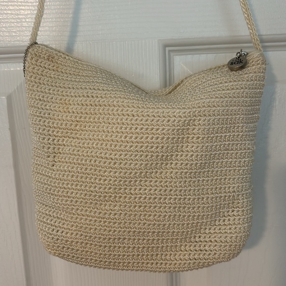THE SAK woven lined mini purse bag crochet handle interior zippered pocket cream - Picture 9 of 15